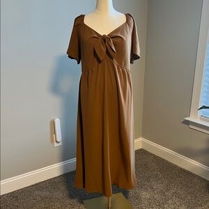 Brown Midi Dress with Bow Accent